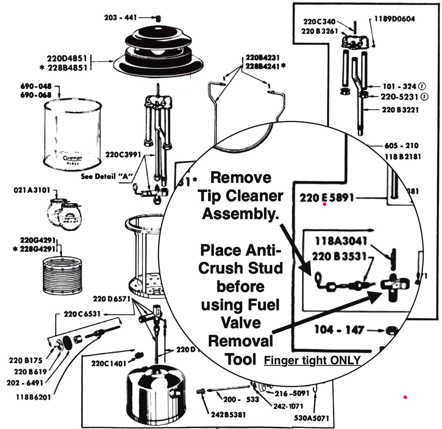 Coleman 220 /228 Lantern Fuel Valve Removal Tool with Anti Crush Stud